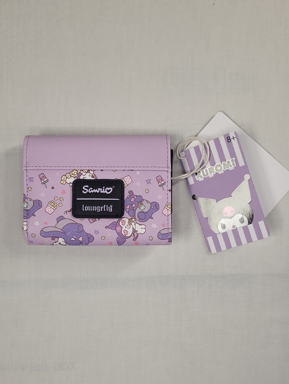 New With Tags Loungefly Kuromi Flying Baku Snacks Mini Flap Wallet Pink/Purple